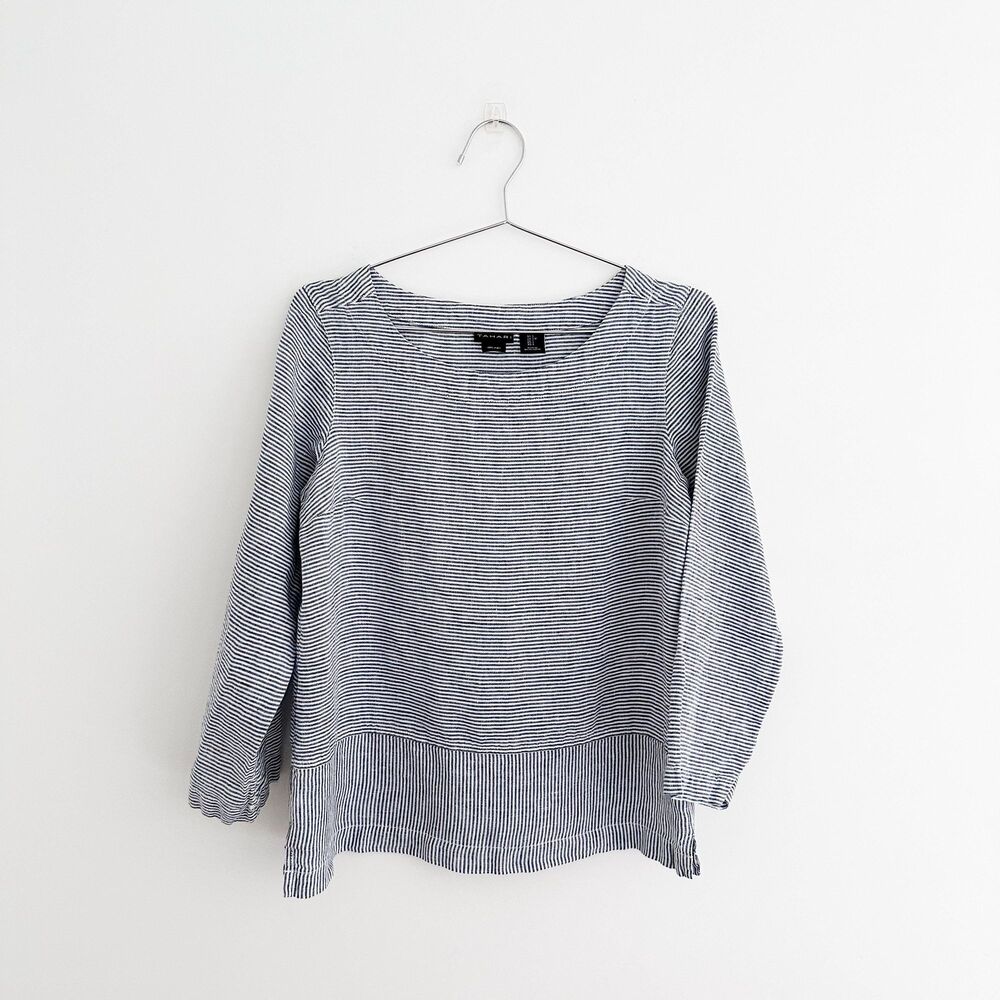 Tahari 100% Linen Striped Top Blue White Coastal Top Minimalist Pullover Size S